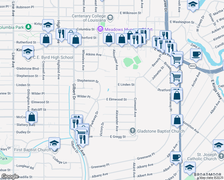 map of restaurants, bars, coffee shops, grocery stores, and more near 114 East Fairview Street in Shreveport