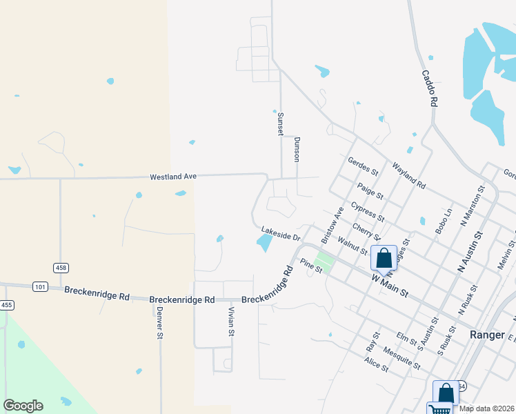 map of restaurants, bars, coffee shops, grocery stores, and more near 1204 Oak Hill Road in Ranger
