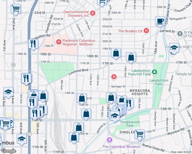 map of restaurants, bars, coffee shops, grocery stores, and more near 1605 12th Avenue in Columbus