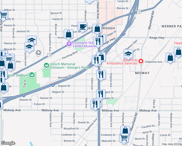 map of restaurants, bars, coffee shops, grocery stores, and more near 3812 Velva Avenue in Shreveport