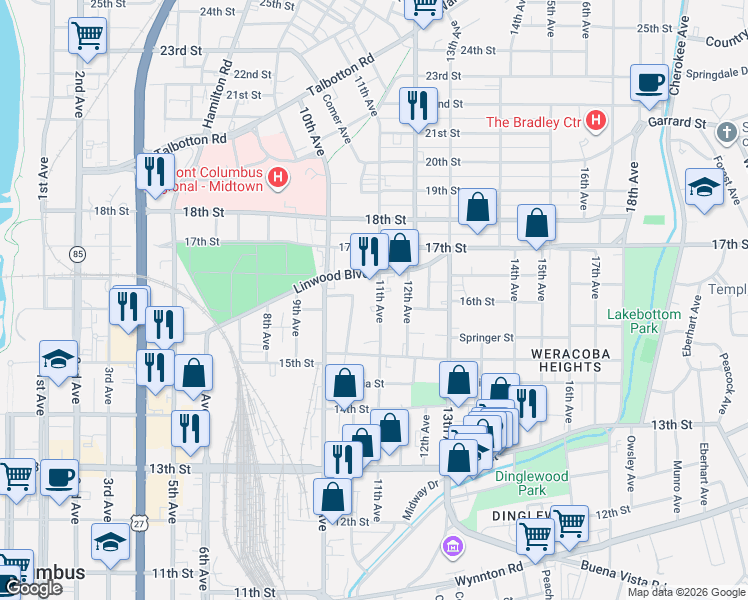 map of restaurants, bars, coffee shops, grocery stores, and more near 1607 11th Avenue in Columbus