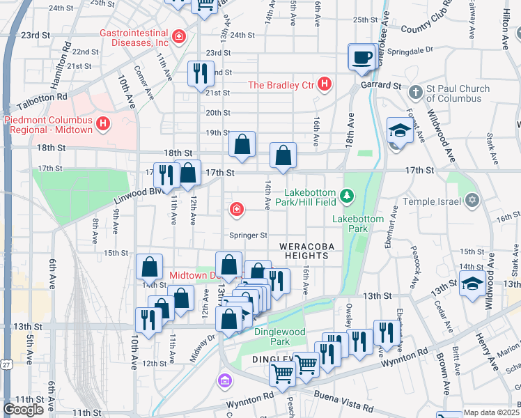 map of restaurants, bars, coffee shops, grocery stores, and more near 1355 16th Street in Columbus