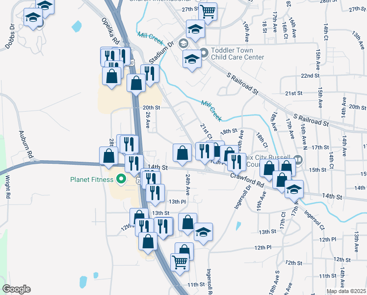 map of restaurants, bars, coffee shops, grocery stores, and more near 1701 Opelika Road in Phenix City