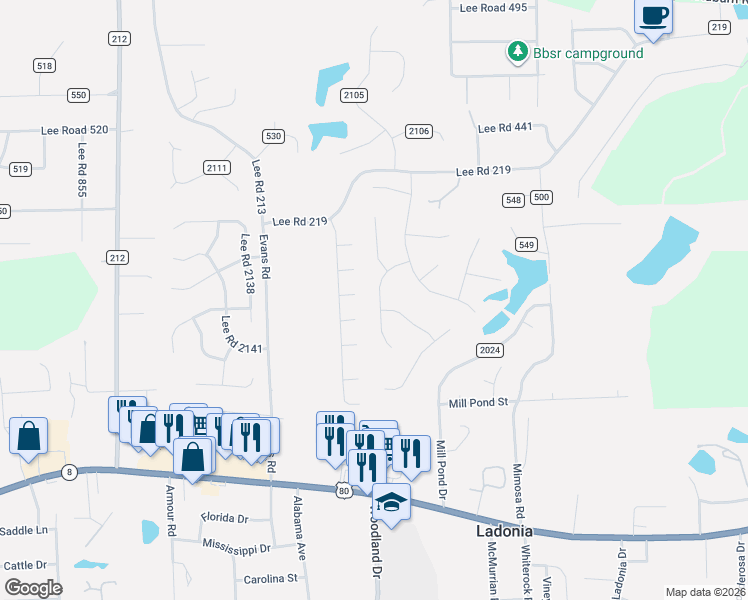 map of restaurants, bars, coffee shops, grocery stores, and more near 18 Springwood Drive in Phenix City
