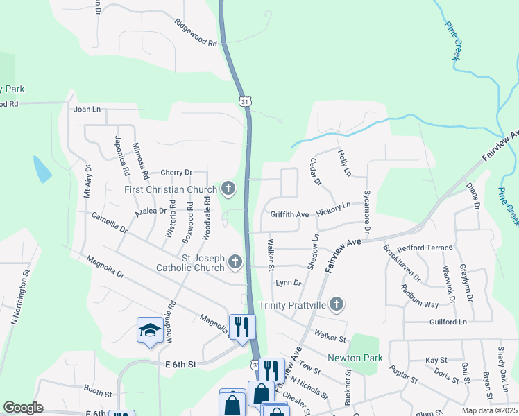 map of restaurants, bars, coffee shops, grocery stores, and more near 109 Livingston Avenue in Prattville