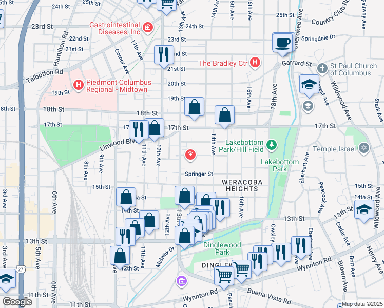 map of restaurants, bars, coffee shops, grocery stores, and more near 1323 16th Street in Columbus