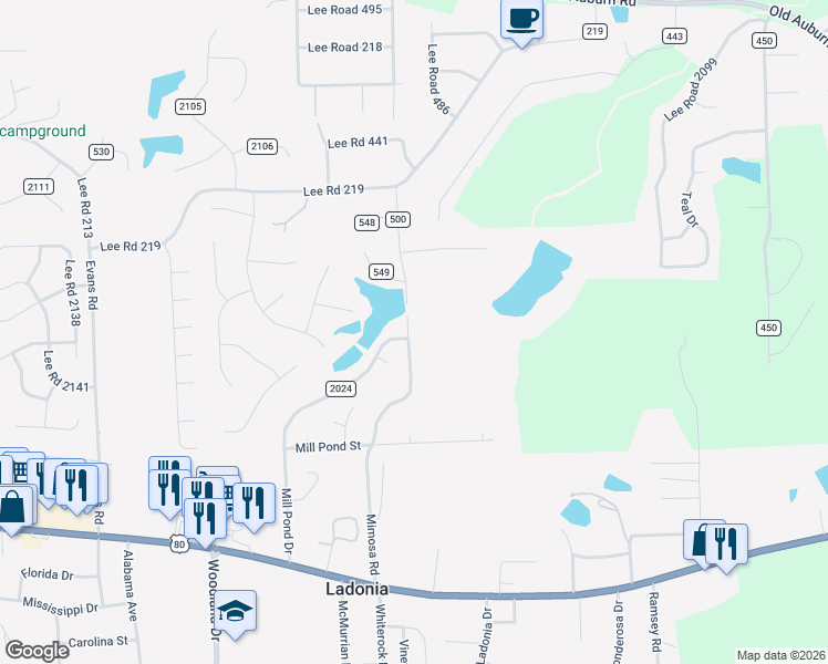 map of restaurants, bars, coffee shops, grocery stores, and more near 317 Mimosa Road in Phenix City