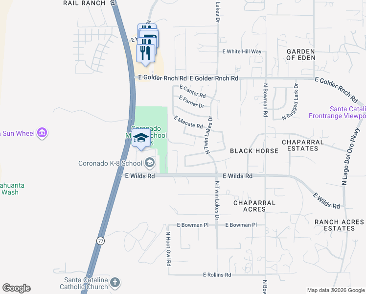 map of restaurants, bars, coffee shops, grocery stores, and more near 3548 East Silver Buckle Place in Tucson