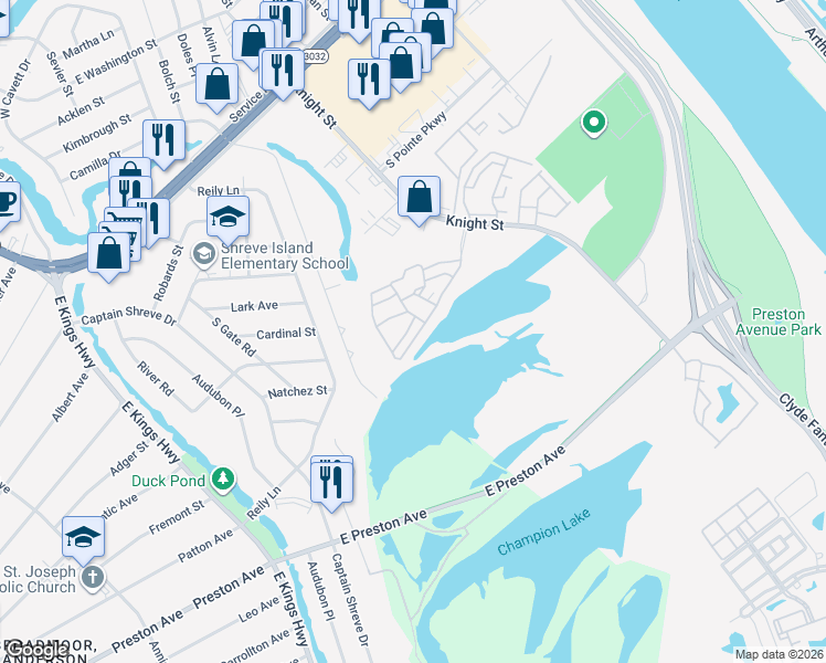 map of restaurants, bars, coffee shops, grocery stores, and more near 3525 Eastlake Drive in Shreveport