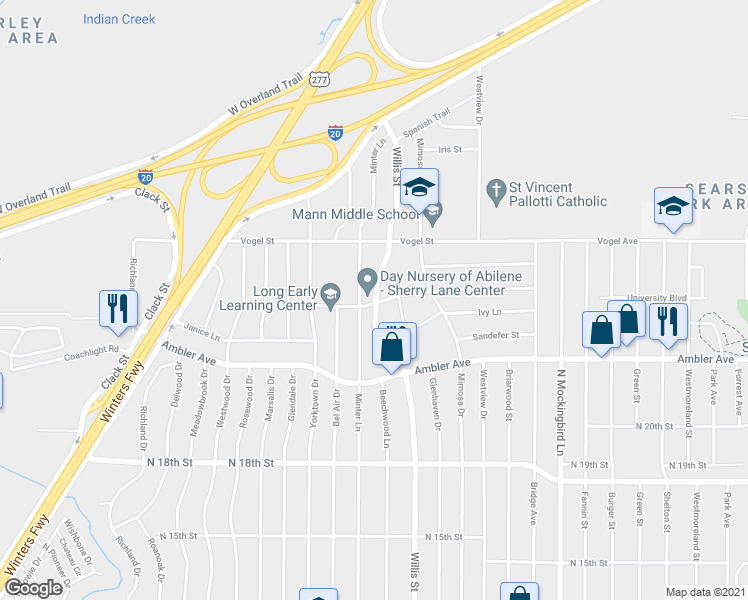 map of restaurants, bars, coffee shops, grocery stores, and more near 2334 Minter Lane in Abilene