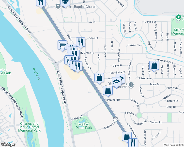 map of restaurants, bars, coffee shops, grocery stores, and more near 4216 Parkway Drive in Bossier City