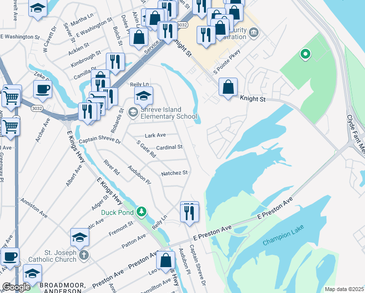 map of restaurants, bars, coffee shops, grocery stores, and more near 3899 Reily Lane in Shreveport
