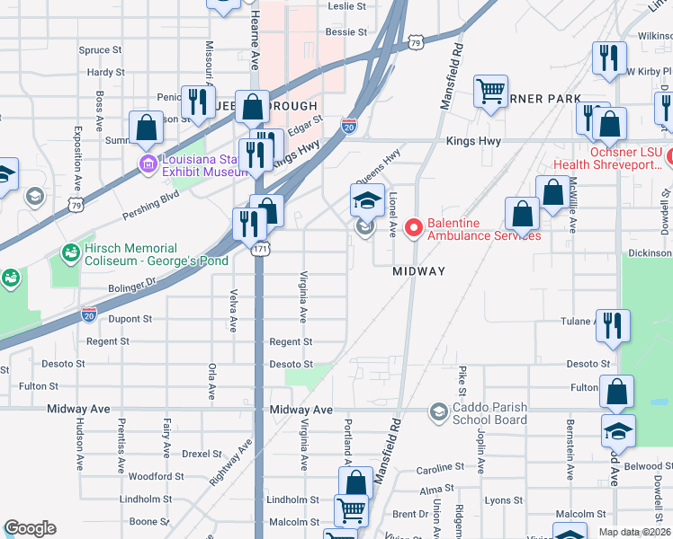 map of restaurants, bars, coffee shops, grocery stores, and more near 2516 Emery Street in Shreveport
