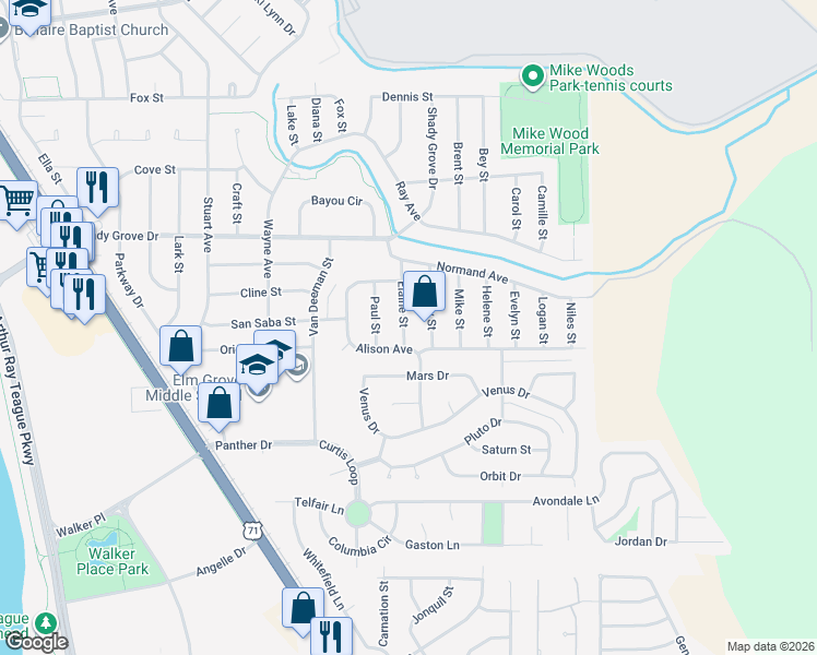 map of restaurants, bars, coffee shops, grocery stores, and more near 4224 Kenny Street in Bossier City