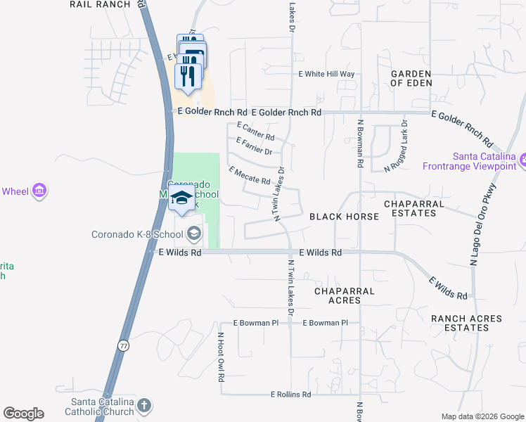 map of restaurants, bars, coffee shops, grocery stores, and more near 14900 North Saddlebred Road in Tucson