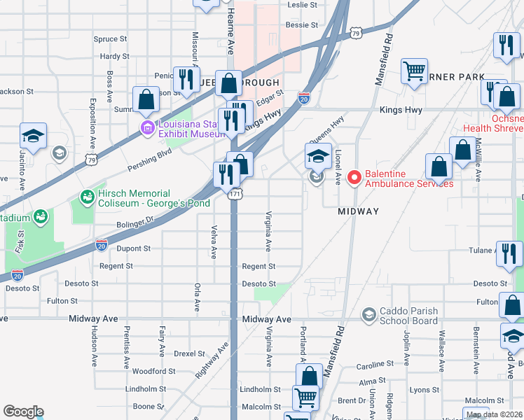 map of restaurants, bars, coffee shops, grocery stores, and more near 2610 Emery Street in Shreveport