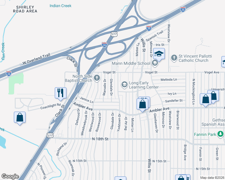 map of restaurants, bars, coffee shops, grocery stores, and more near 2401 Glendale Drive in Abilene
