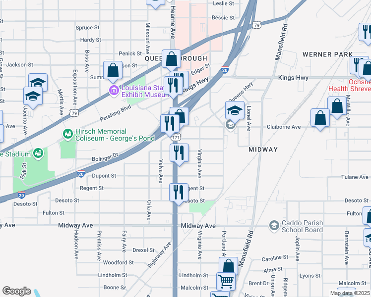 map of restaurants, bars, coffee shops, grocery stores, and more near 2630 Emery Street in Shreveport