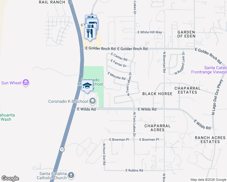 map of restaurants, bars, coffee shops, grocery stores, and more near 3548 East Silver Buckle Place in Tucson