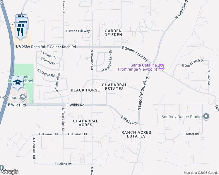map of restaurants, bars, coffee shops, grocery stores, and more near 14910 North Appleton Avenue in Tucson