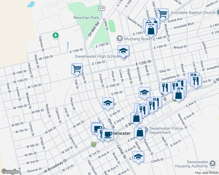 map of restaurants, bars, coffee shops, grocery stores, and more near 910 Cedar Street in Sweetwater