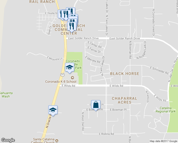map of restaurants, bars, coffee shops, grocery stores, and more near 3548 East Silver Buckle Place in Tucson