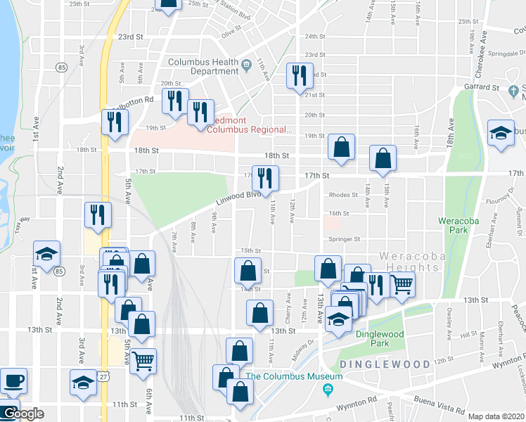 map of restaurants, bars, coffee shops, grocery stores, and more near 1607 11th Avenue in Columbus