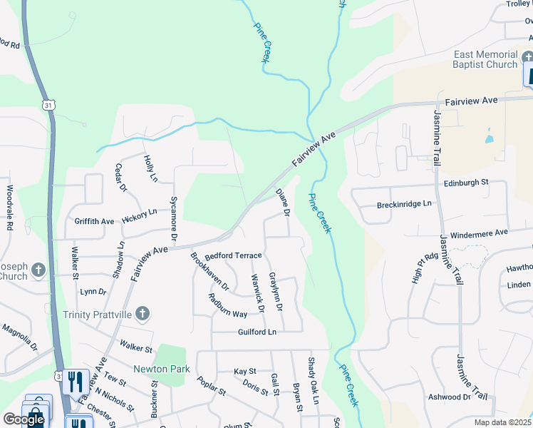 map of restaurants, bars, coffee shops, grocery stores, and more near 511 Bedford Terrace in Prattville