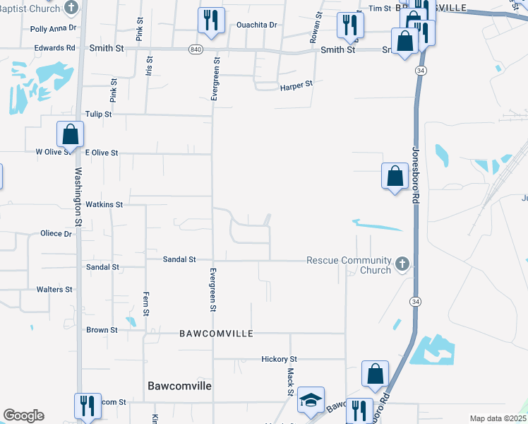 map of restaurants, bars, coffee shops, grocery stores, and more near 105 Barlow Circle in West Monroe
