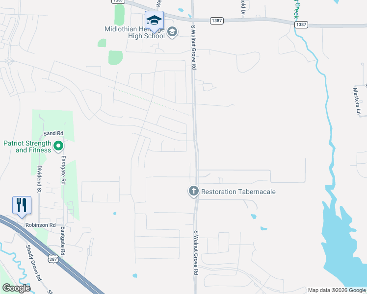 map of restaurants, bars, coffee shops, grocery stores, and more near 609 China Grove Way in Midlothian