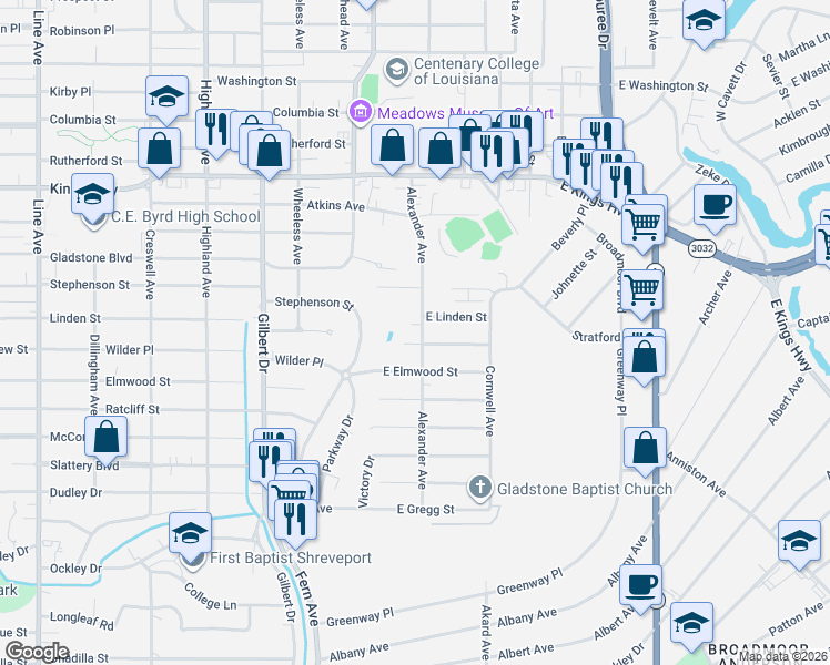 map of restaurants, bars, coffee shops, grocery stores, and more near 114 East Fairview Street in Shreveport