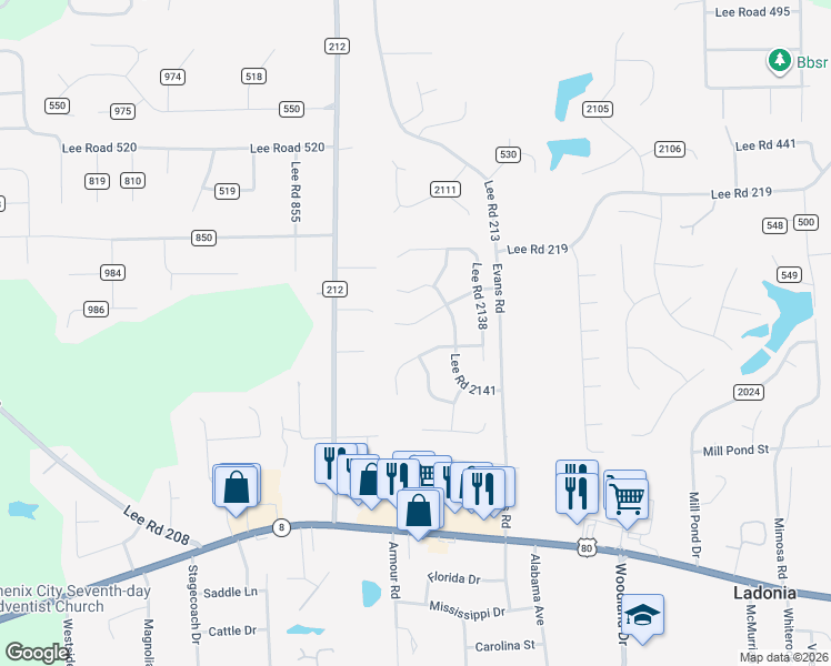 map of restaurants, bars, coffee shops, grocery stores, and more near 195 Lee Road 2137 in Phenix City