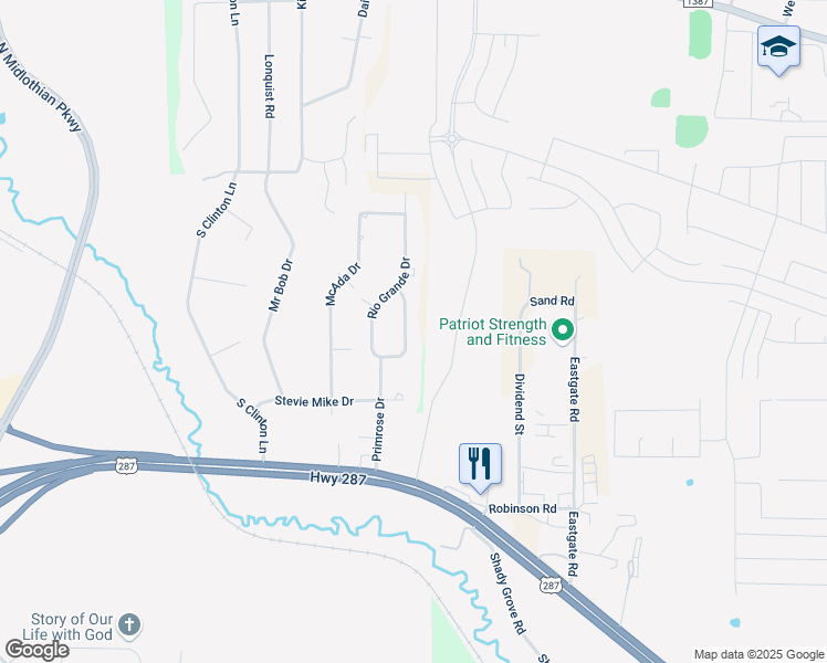 map of restaurants, bars, coffee shops, grocery stores, and more near 640 Primrose Drive in Midlothian