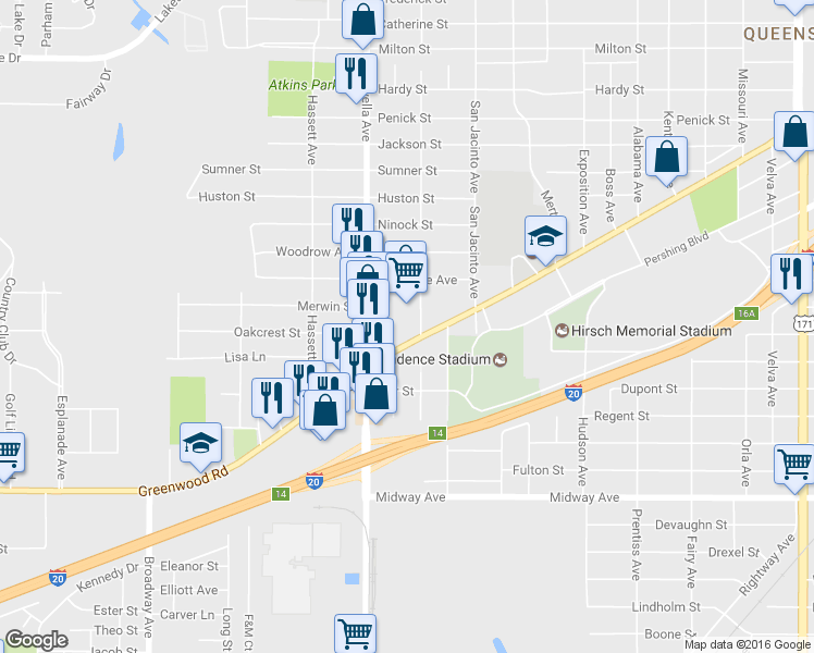 map of restaurants, bars, coffee shops, grocery stores, and more near 3401 Grove Street in Shreveport
