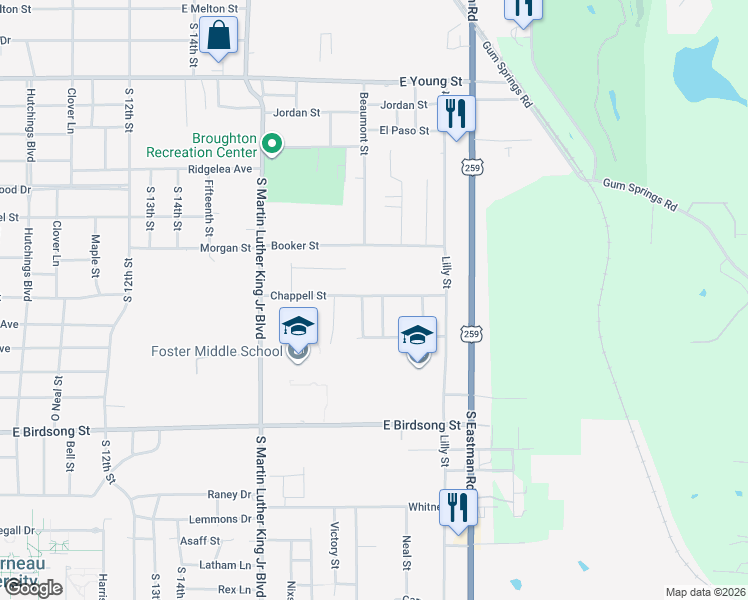map of restaurants, bars, coffee shops, grocery stores, and more near 1302 Chappell Street in Longview