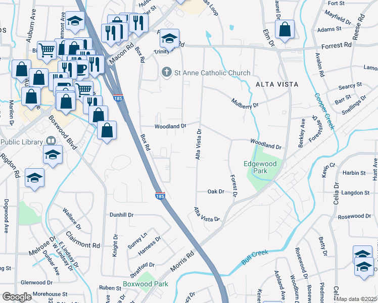 map of restaurants, bars, coffee shops, grocery stores, and more near 1452 Box Circle in Columbus