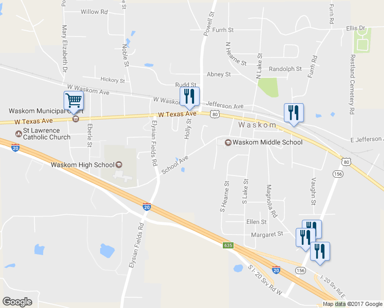 map of restaurants, bars, coffee shops, grocery stores, and more near 455 School Avenue in Waskom