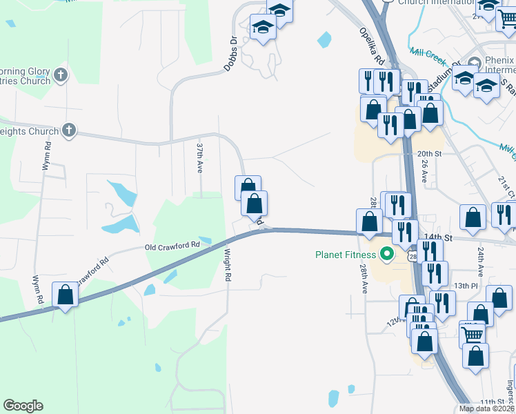 map of restaurants, bars, coffee shops, grocery stores, and more near 1702 Auburn Road in Phenix City