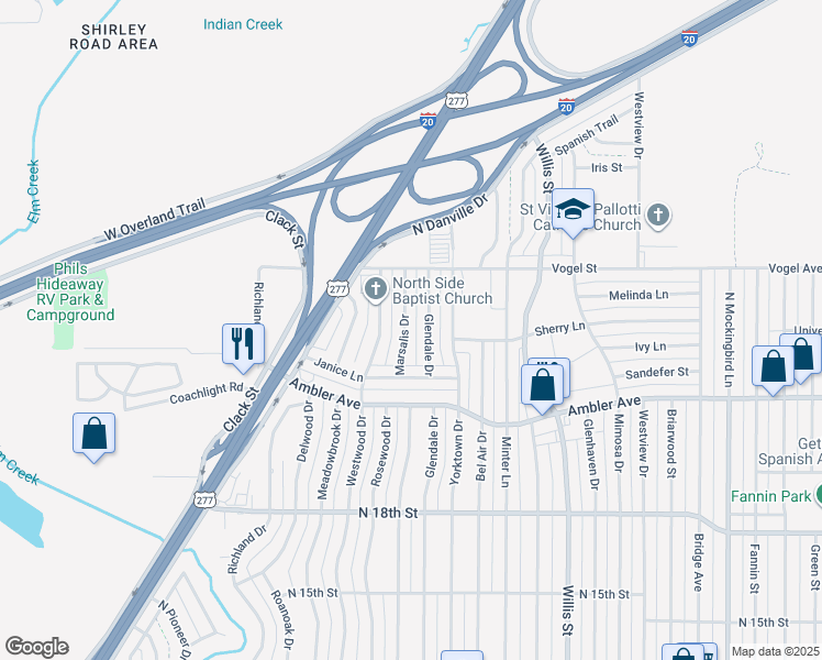map of restaurants, bars, coffee shops, grocery stores, and more near 2409 Marsalis Drive in Abilene