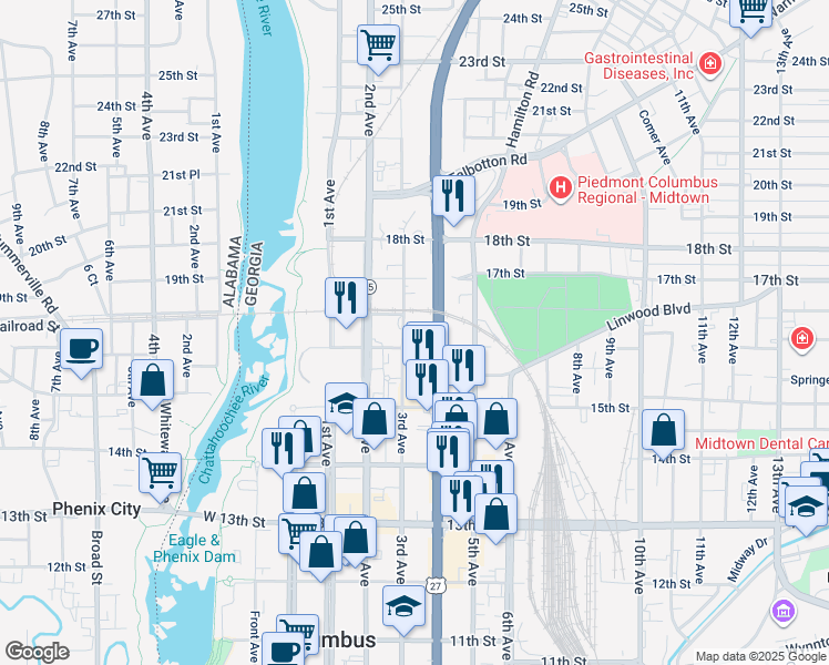 map of restaurants, bars, coffee shops, grocery stores, and more near 1608 3rd Avenue in Columbus