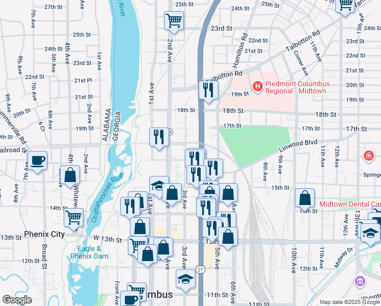 map of restaurants, bars, coffee shops, grocery stores, and more near 1608 3rd Avenue in Columbus