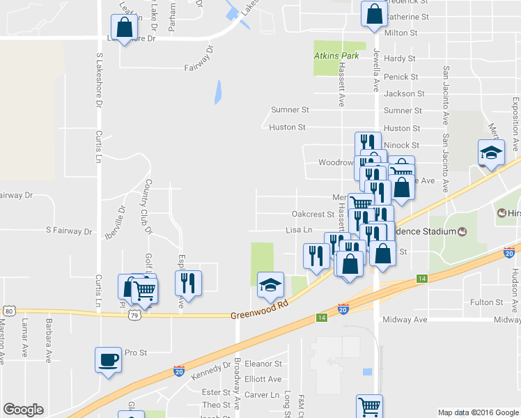 map of restaurants, bars, coffee shops, grocery stores, and more near 3933 Oakcrest Street in Shreveport