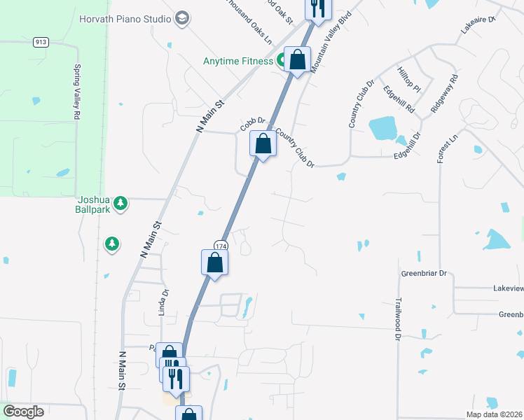 map of restaurants, bars, coffee shops, grocery stores, and more near 202 Willow Bend Road in Joshua