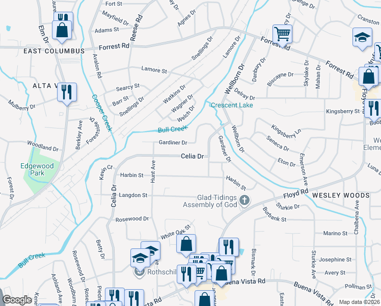 map of restaurants, bars, coffee shops, grocery stores, and more near 1827 Celia Drive in Columbus