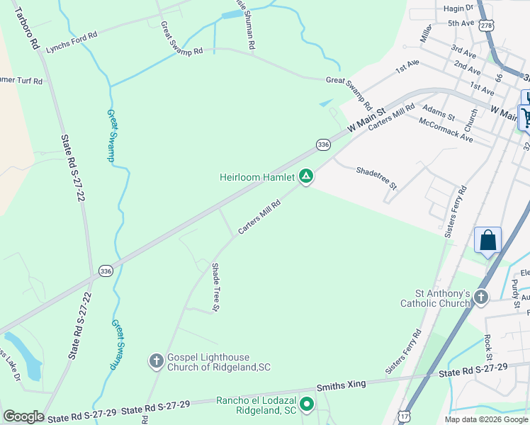 map of restaurants, bars, coffee shops, grocery stores, and more near Carters Mill Road in Ridgeland