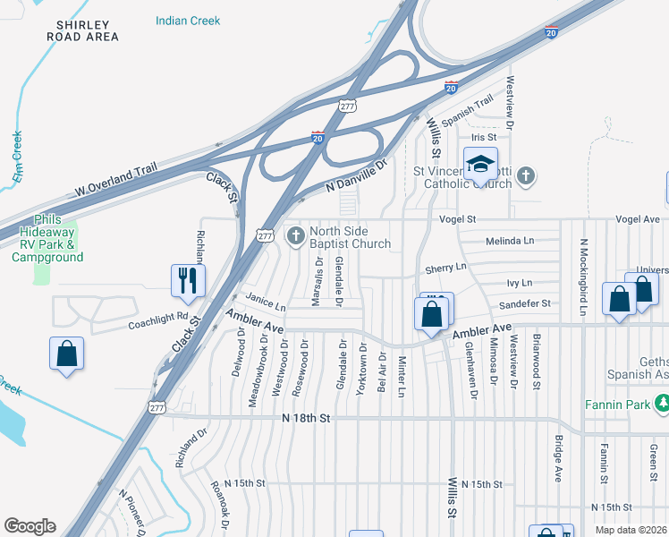 map of restaurants, bars, coffee shops, grocery stores, and more near 2410 Glendale Drive in Abilene