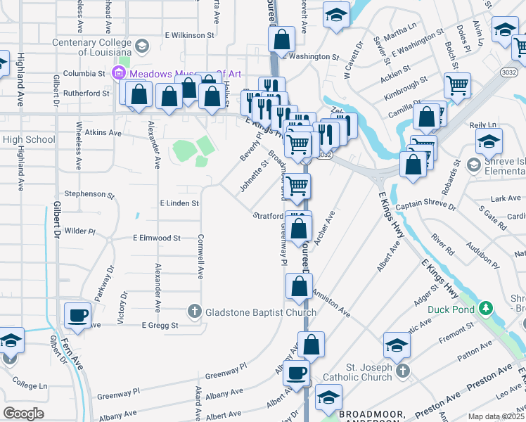 map of restaurants, bars, coffee shops, grocery stores, and more near 513 Stratford Avenue in Shreveport