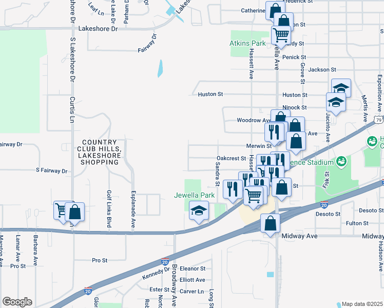 map of restaurants, bars, coffee shops, grocery stores, and more near 3942 Oakcrest Street in Shreveport