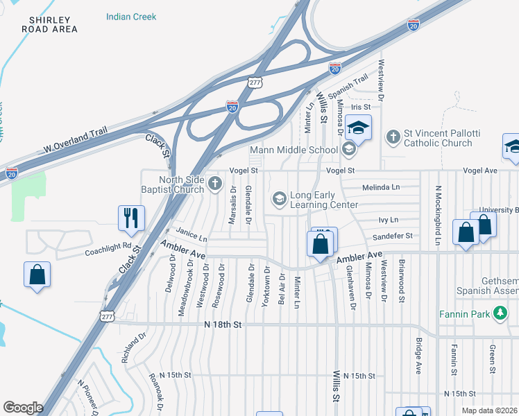 map of restaurants, bars, coffee shops, grocery stores, and more near 2401 Glendale Drive in Abilene