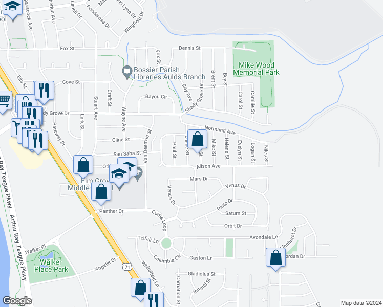 map of restaurants, bars, coffee shops, grocery stores, and more near 4221 Elaine Street in Bossier City